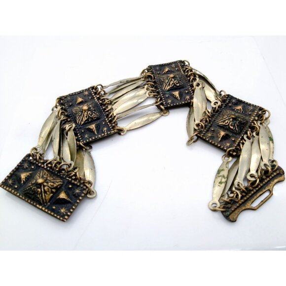 Pyramid Links Panel Bracelet, Vintage Silver Statement Bangle, Stamped Mexico - Picture 3 of 6